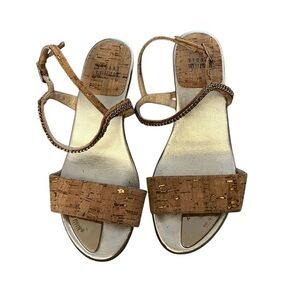 Stuart Weitzman vintage low cork demi-wedge sandals w/ gold accents & chain, 6.5